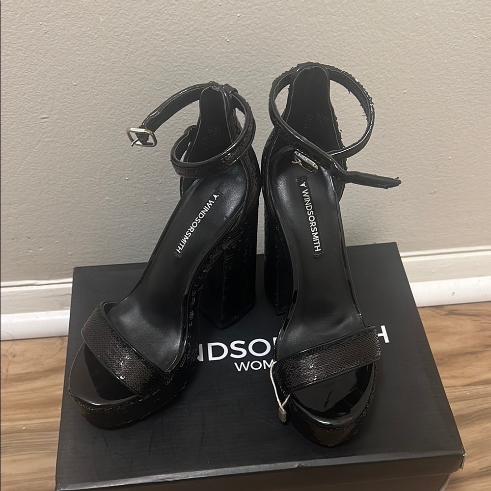 Windsor Smith Black Patent Platform Block Heel Sandals